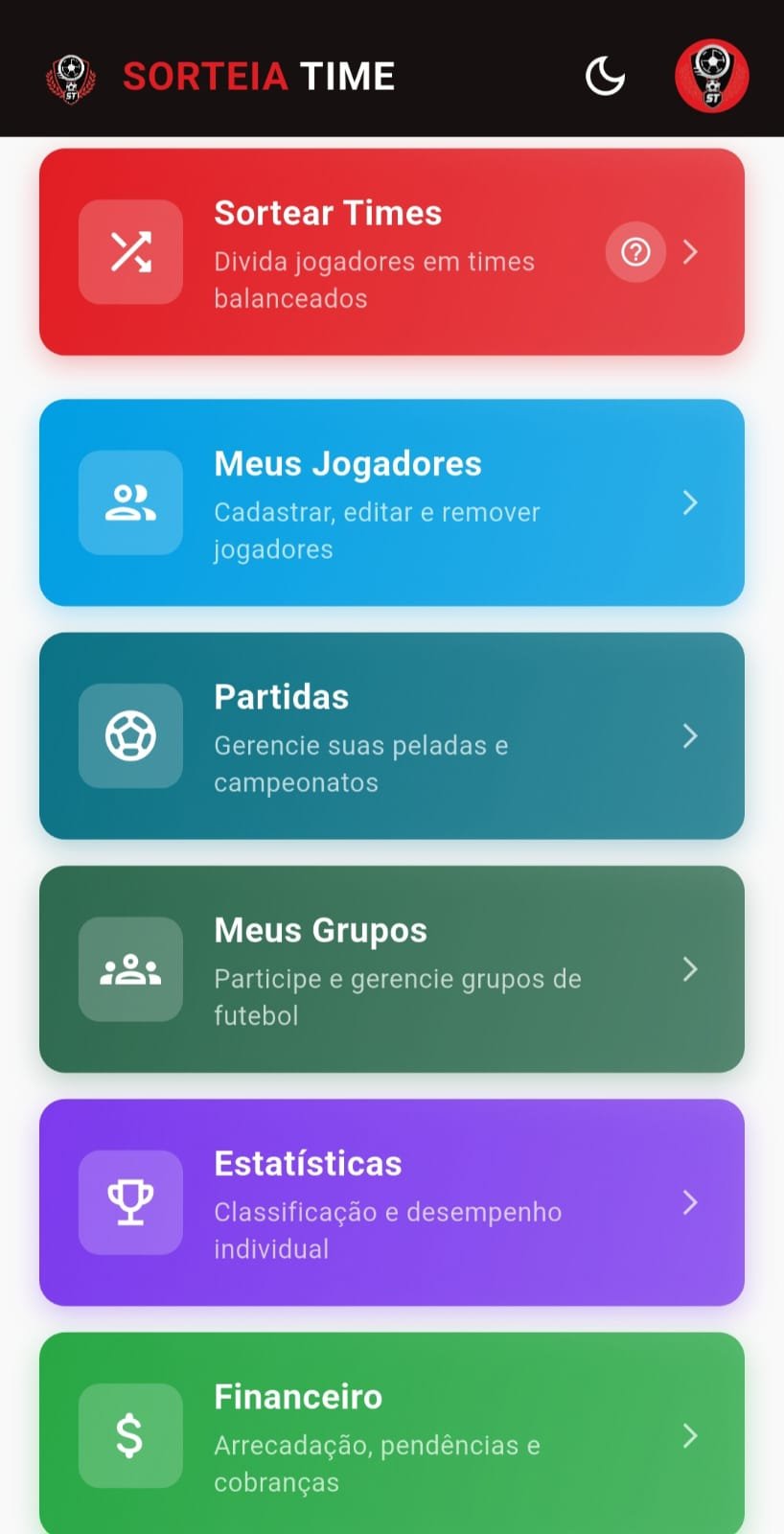 Tela inicial do app Sorteia Time